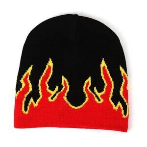Flame Fire Acrylic Beanie Hat Cap Unisex Black Red